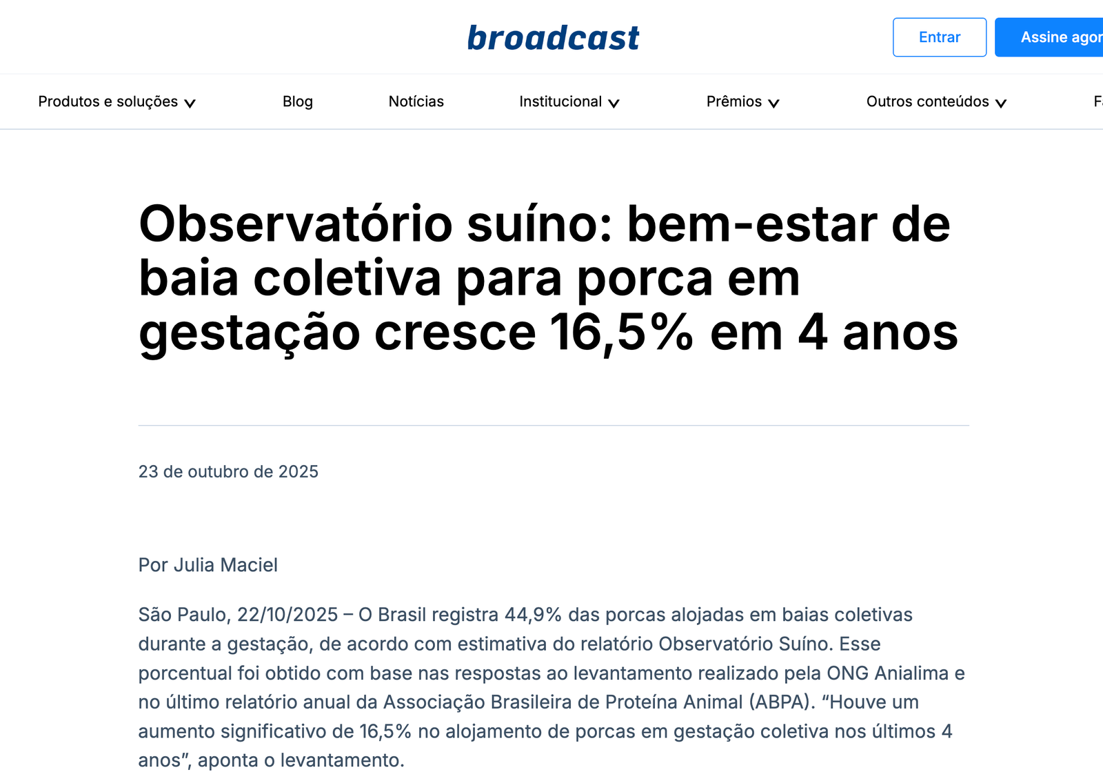 Observatório suíno: bem-estar de baia coletiva para porca em gestação cresce 16,5% em 4 anos Observatório suíno: bem-estar de baia coletiva para porca em gestação cresce 16,5% em 4 anos